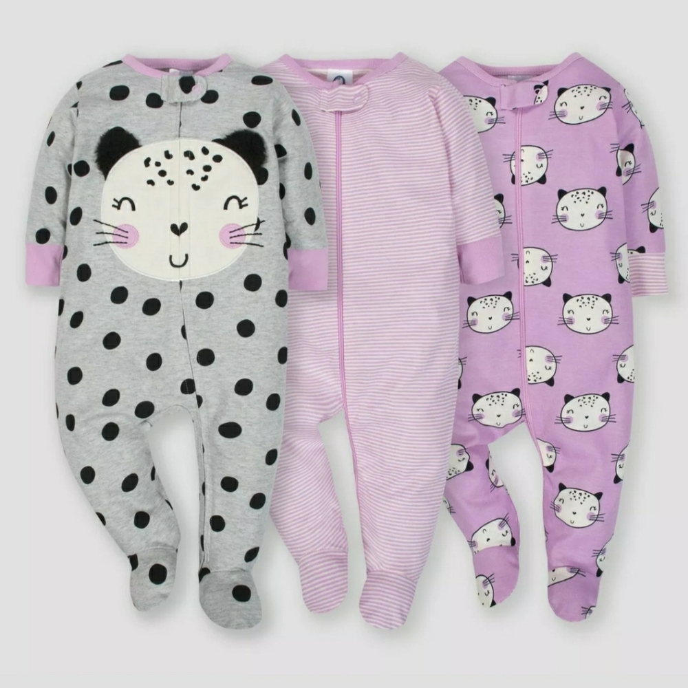 Gerber Newborn Baby Sleep 'N Plays Onesies Size 0-3M (3-pack set) Adorable Cats